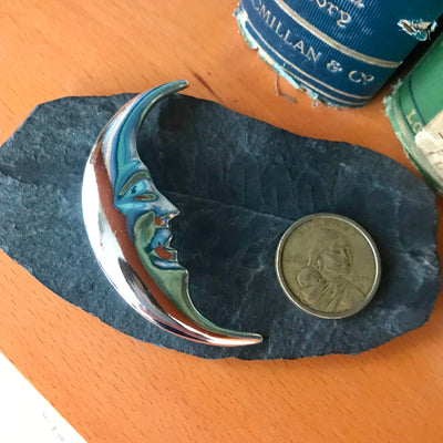 2.75" Chrome Silver Crescent Moon w Face Profile Lapel Pin Brooch