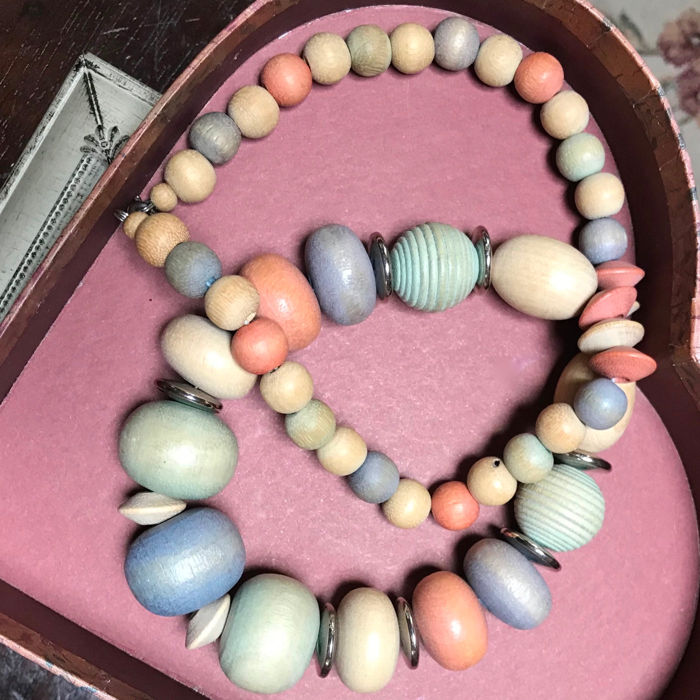 23" Wood Bead Size Necklace Hand Strung Artisan w Chrome Metal Light Tones 3/4"