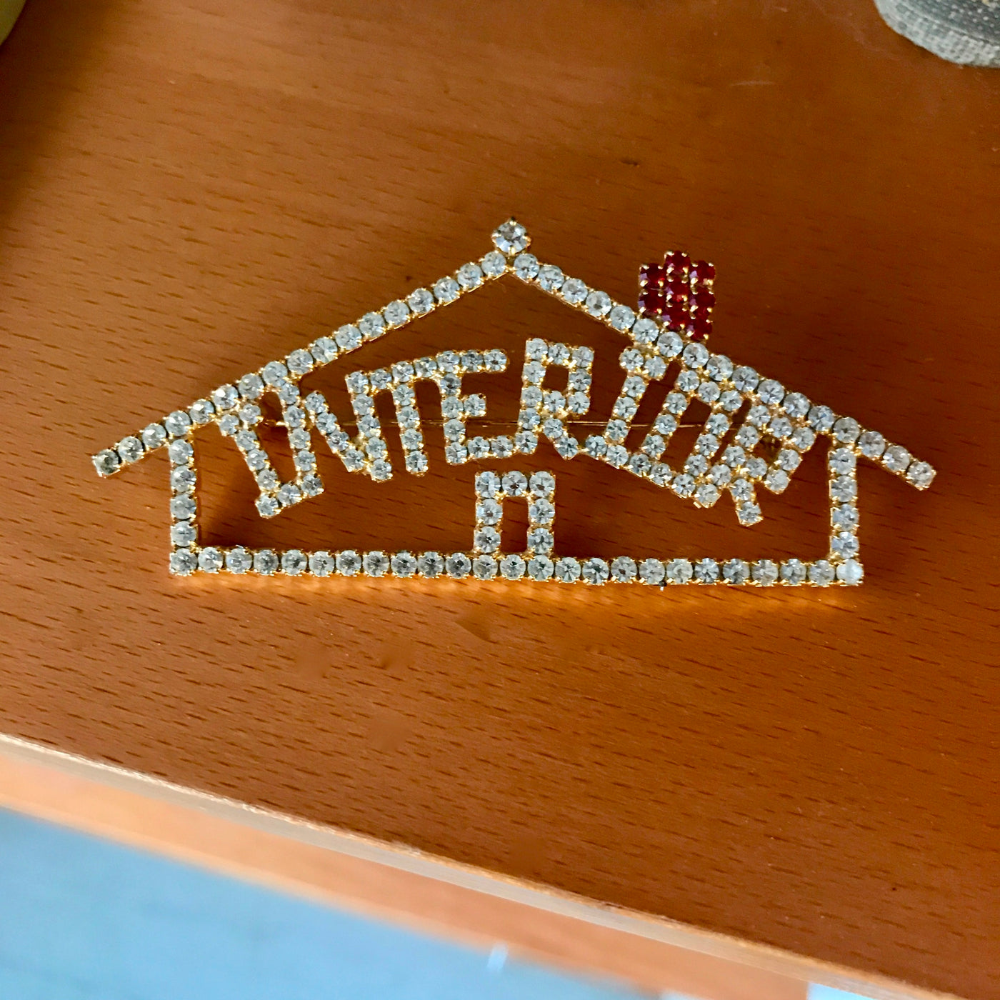 3.25" Jeweled Interior House Home Designer Pin Rhinestones Red Chimney Vintage