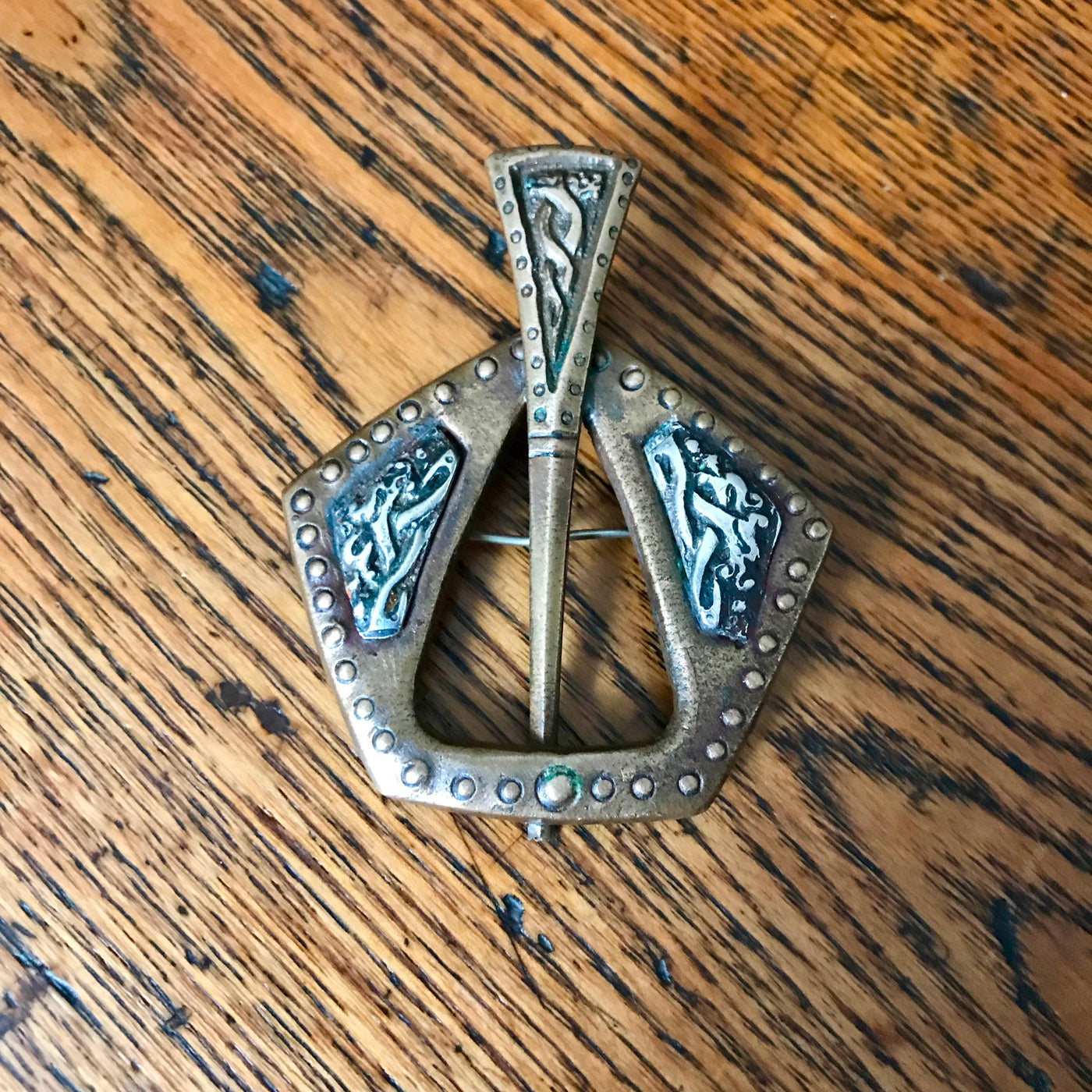 Vintage 2.5" x 2" Bronze & Silver Celtic Scandinavian Pin Brooch Pentagon Shape