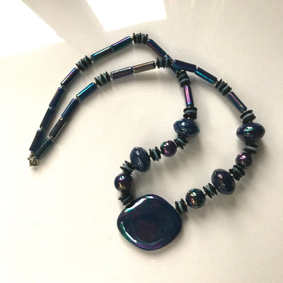 28" Vintage Blue Irridesent Glass Necklace with Medallion JAPAN Chrome Clasp