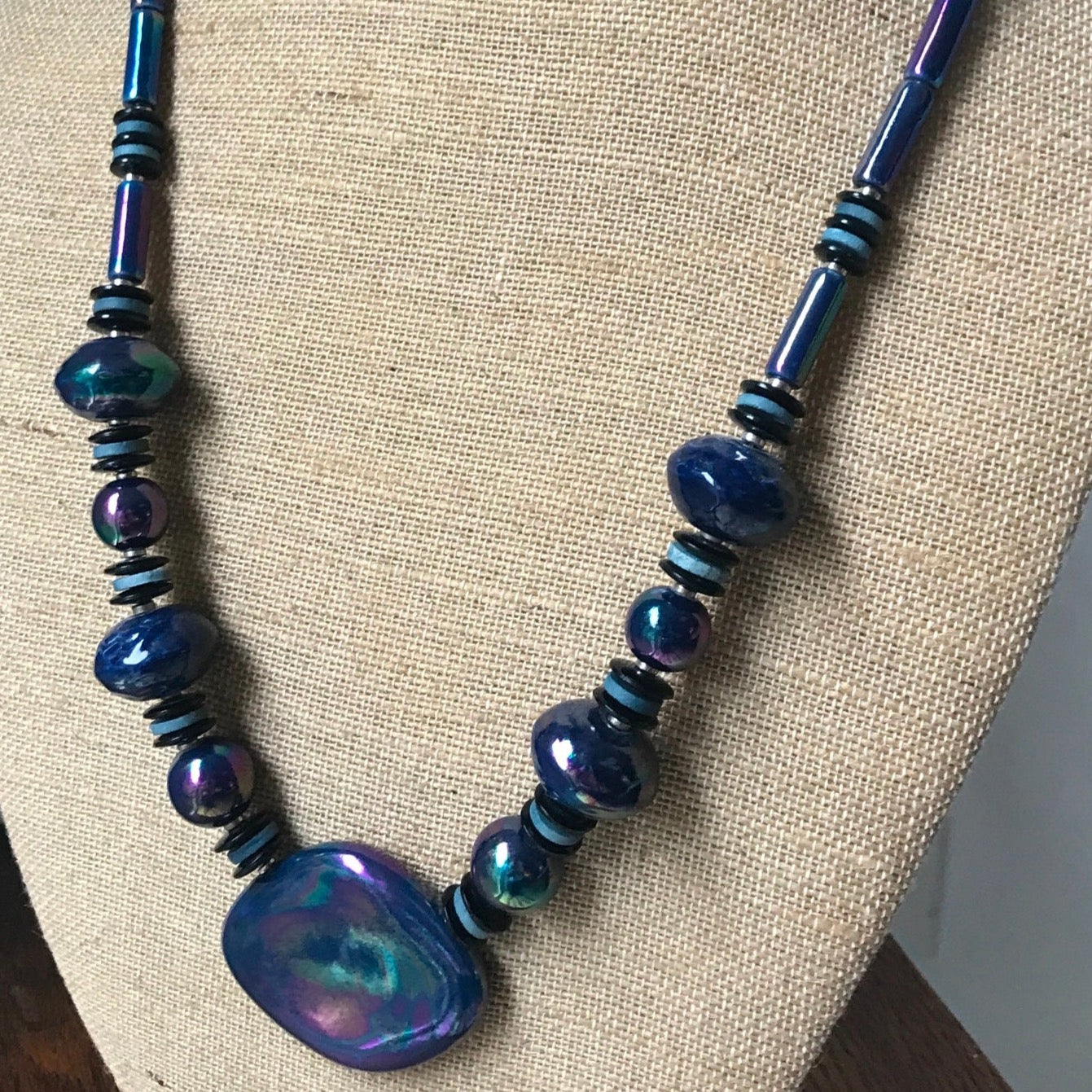 28" Vintage Blue Irridesent Glass Necklace with Medallion JAPAN Chrome Clasp