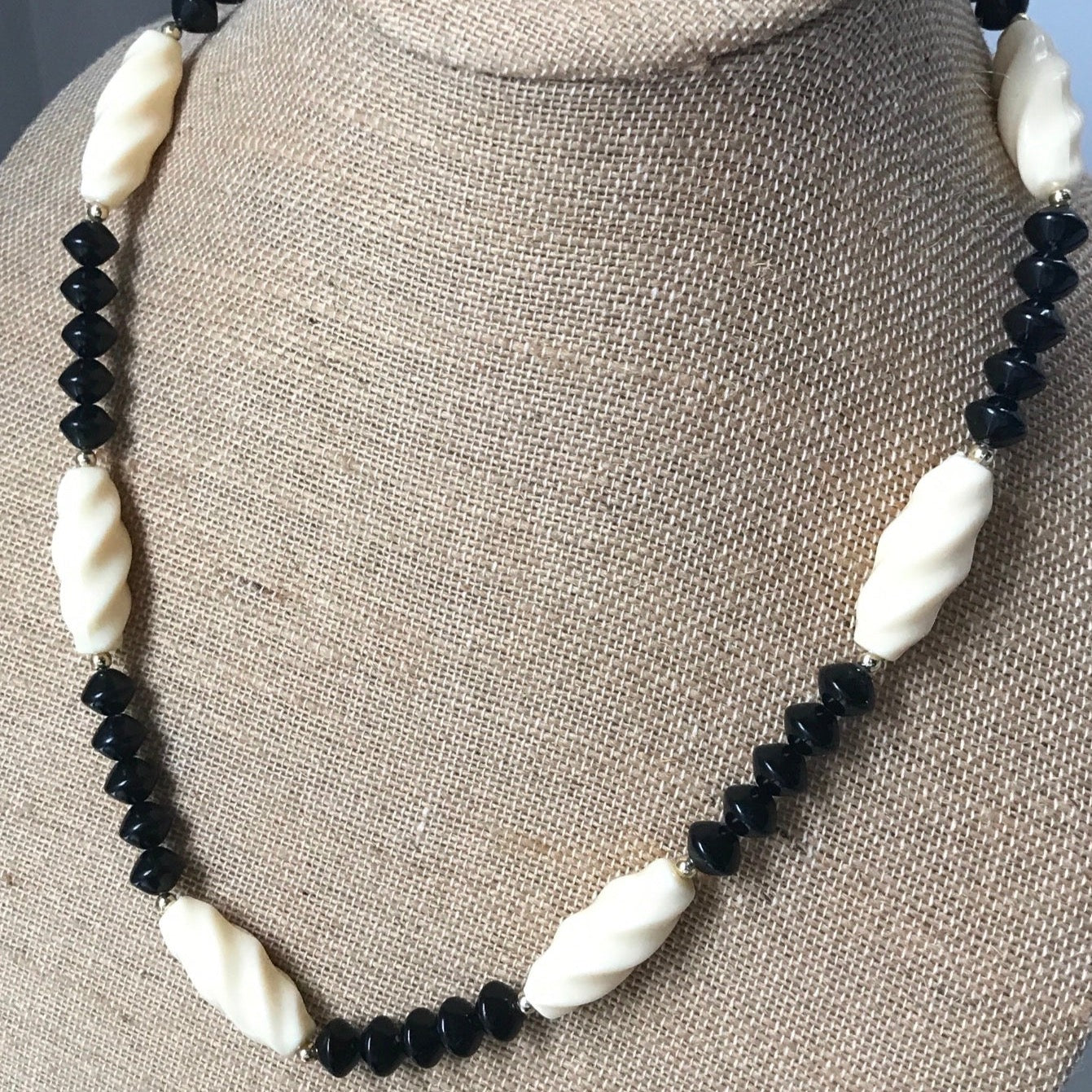 22" Cream & Black Twist Acrylic Modern Necklace Vintage