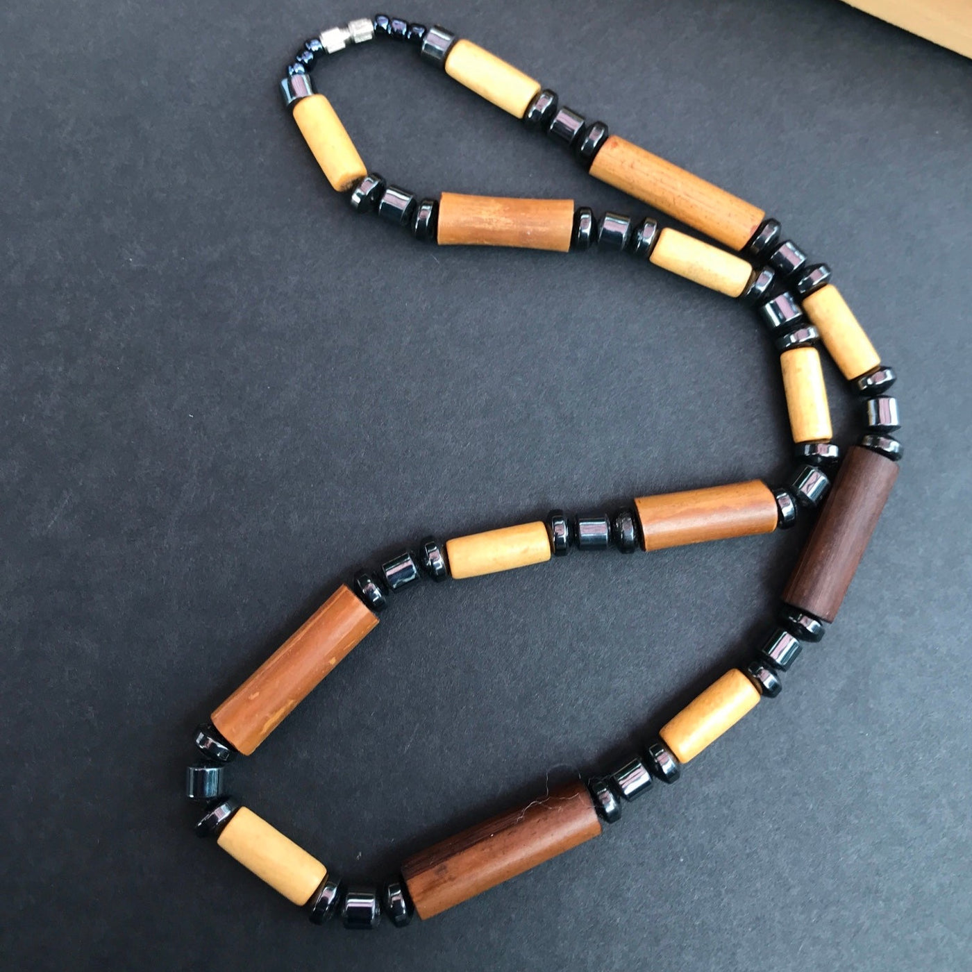 20" Hematite & Wood Necklace Silver Metal Screw Barrel Clasp Primal Style