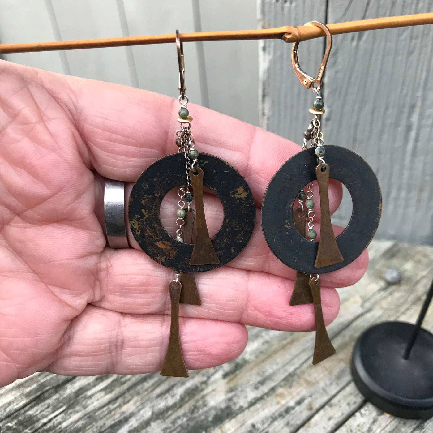 3.5" Vintage Primal Brass & Bead 1" Circle Earrings Gold Filled Lever Backs