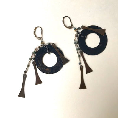 3.5" Vintage Primal Brass & Bead 1" Circle Earrings Gold Filled Lever Backs