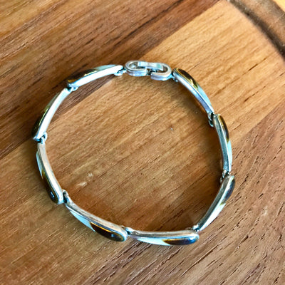 7" Vintage Monet Silver Metal Link Bracelet Amber & Shell Fused Enamel