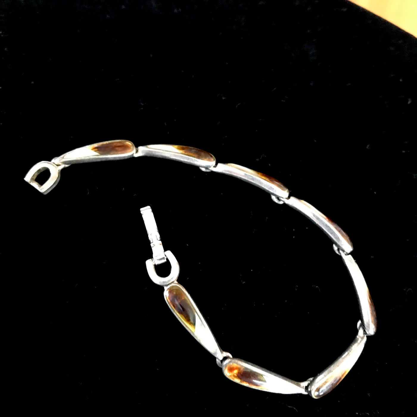 7" Vintage Monet Silver Metal Link Bracelet Amber & Shell Fused Enamel