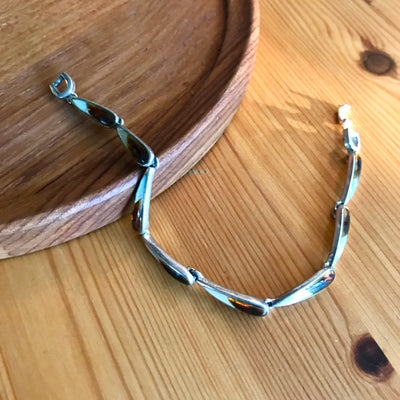 7" Vintage Monet Silver Metal Link Bracelet Amber & Shell Fused Enamel