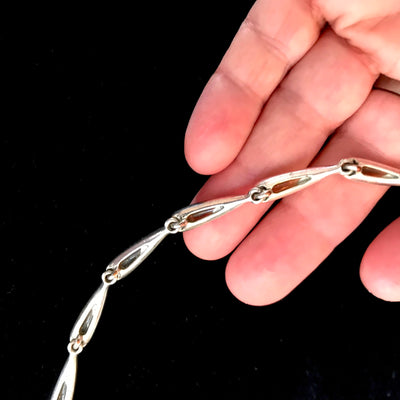 7" Vintage Monet Silver Metal Link Bracelet Amber & Shell Fused Enamel