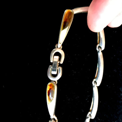 7" Vintage Monet Silver Metal Link Bracelet Amber & Shell Fused Enamel