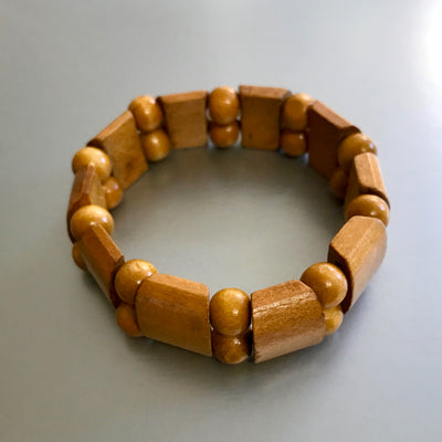 7" Vintage Stretch Polished Light Wood Bracelet Round & Oval Shapes