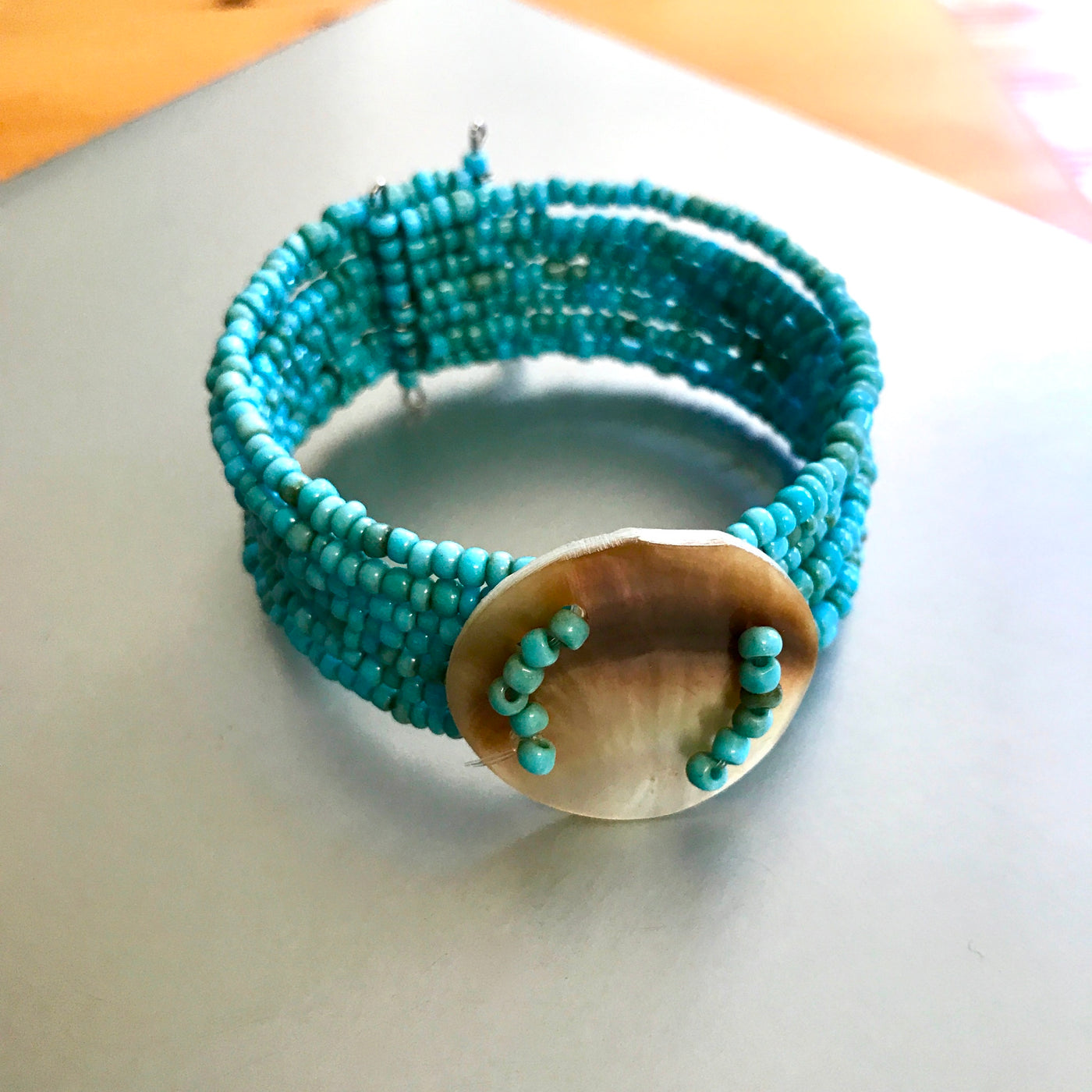 Adjustable Baby Blue Beach Bead 7 Row Wire  Bracelet Cuff w Shell