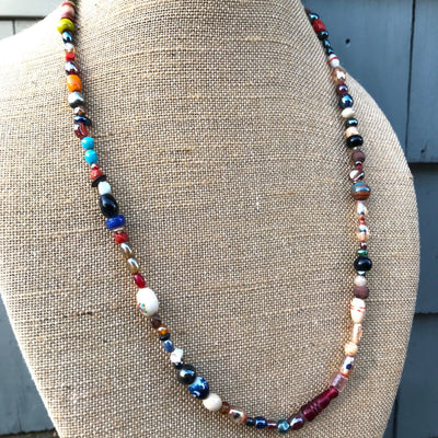 29" Artisan Hand Made Colorful Bohemian Glass Bead Necklace wSilver Metal Hook