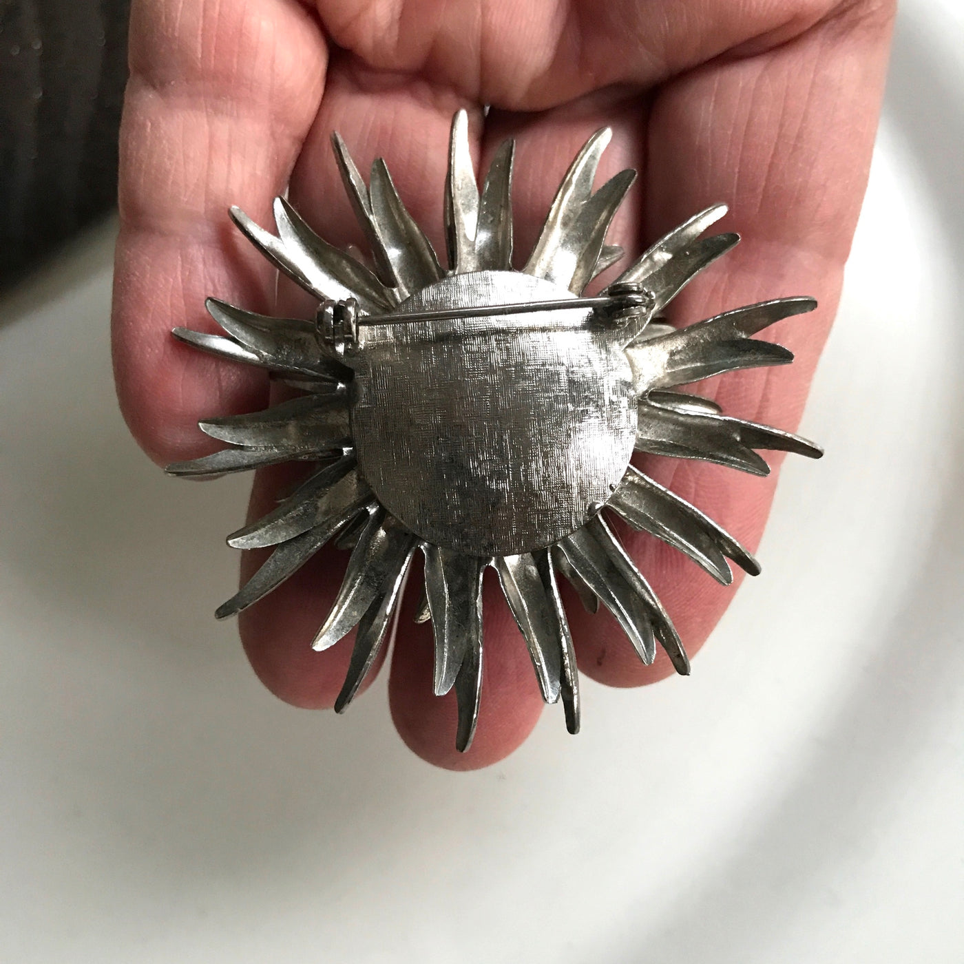 2.25" Mid Century Silver Puff Urchin Flower Pin Retro Costume Vintage