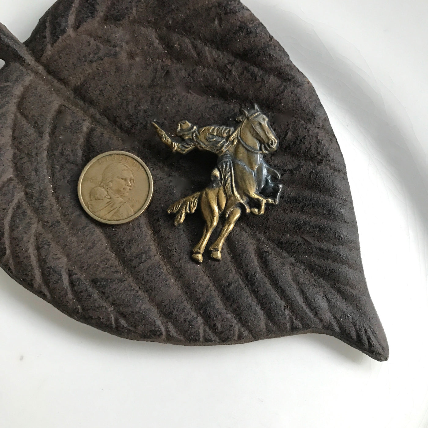 2.25" Cast Brass Cowboy on Rearing Horse Shooting Gun Pin Vintage