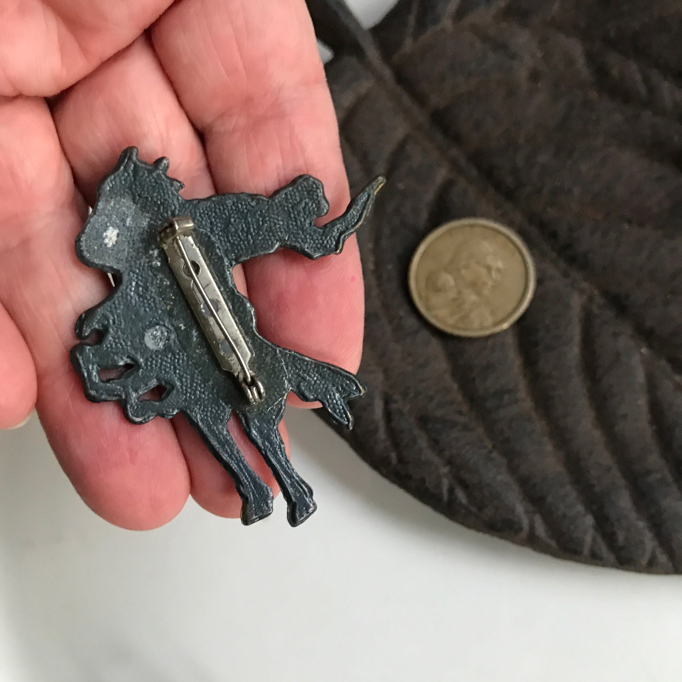 2.25" Cast Brass Cowboy on Rearing Horse Shooting Gun Pin Vintage