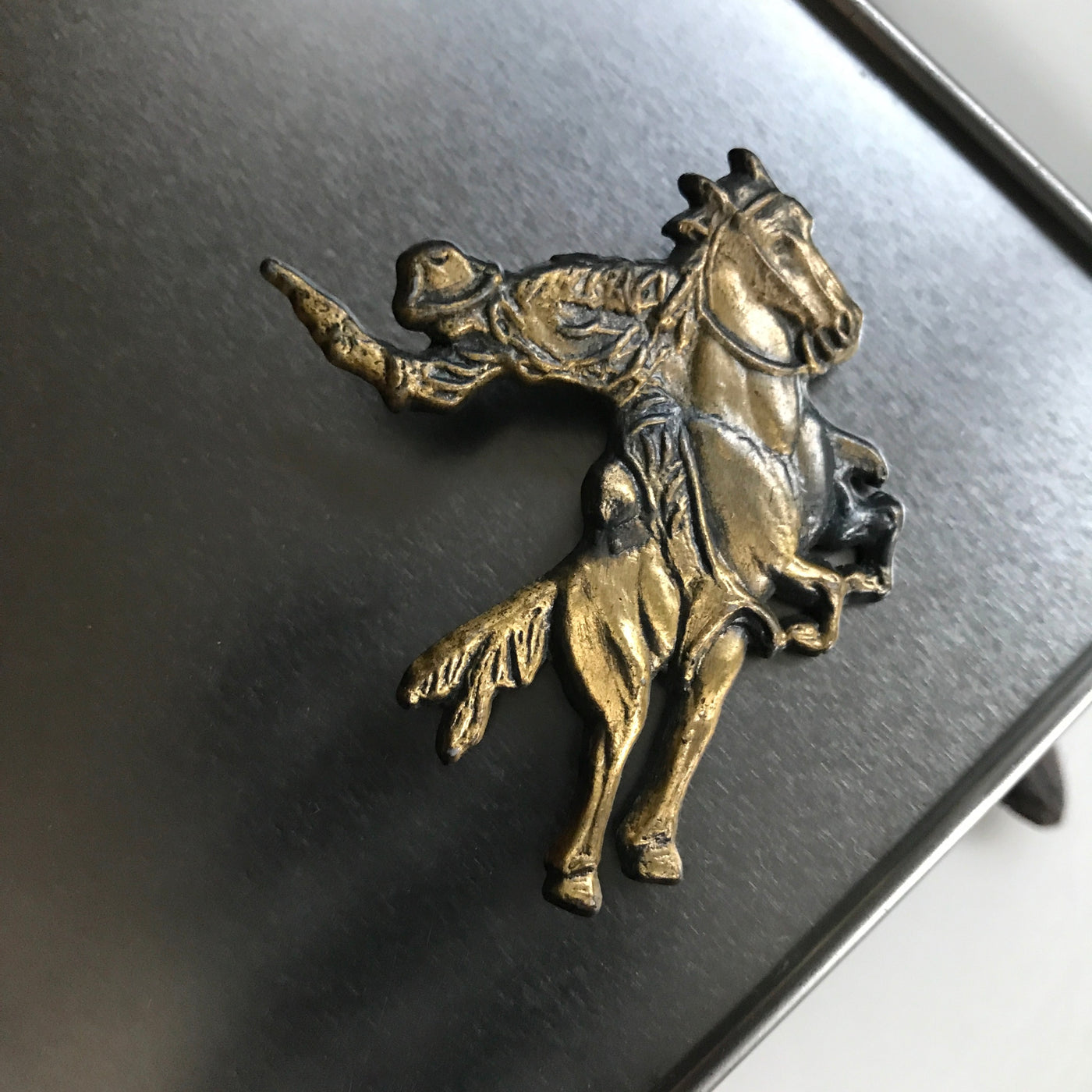 2.25" Cast Brass Cowboy on Rearing Horse Shooting Gun Pin Vintage