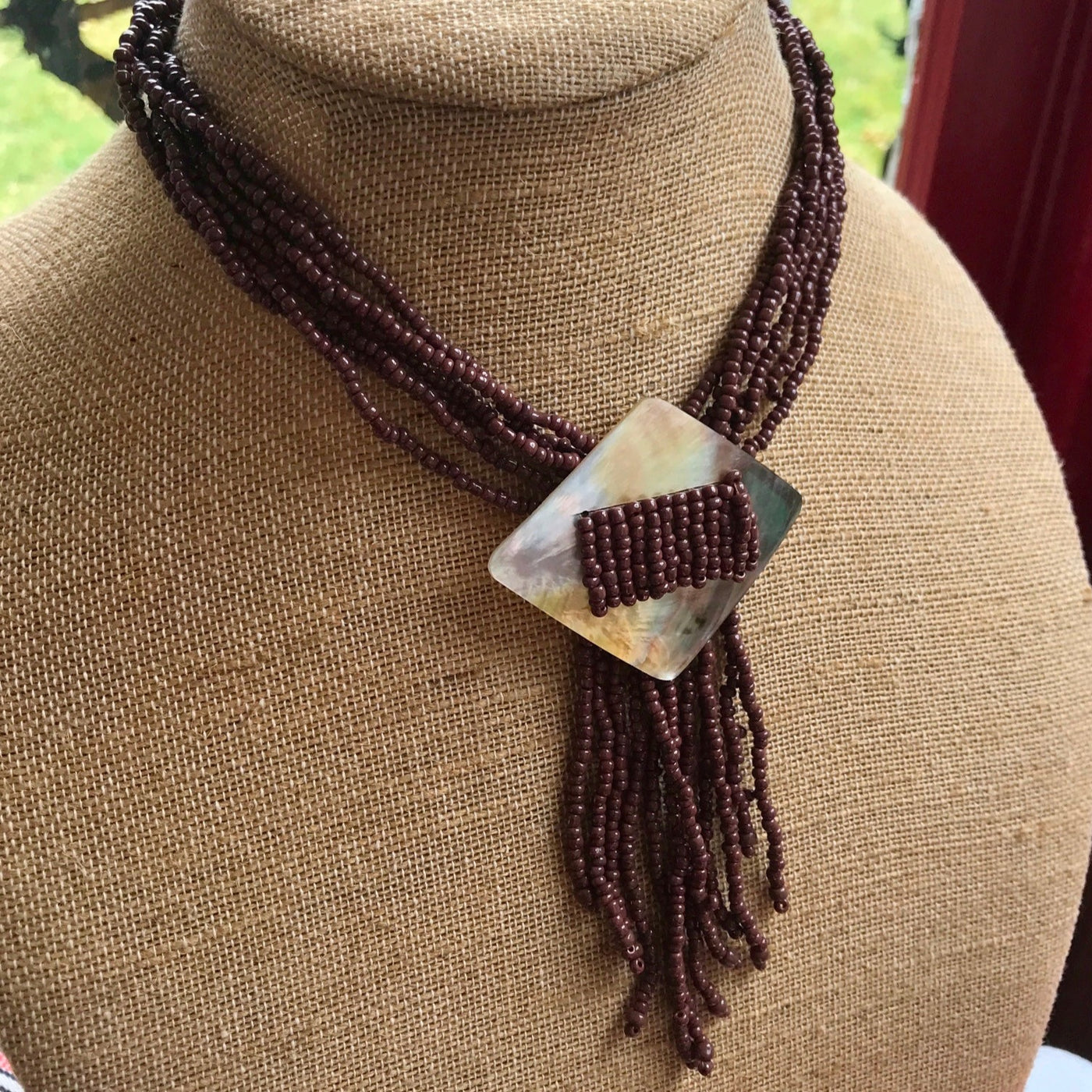 16" Crafted Multi Strand Brown Bead & Abalone Shell Medallion Necklace w Tassel