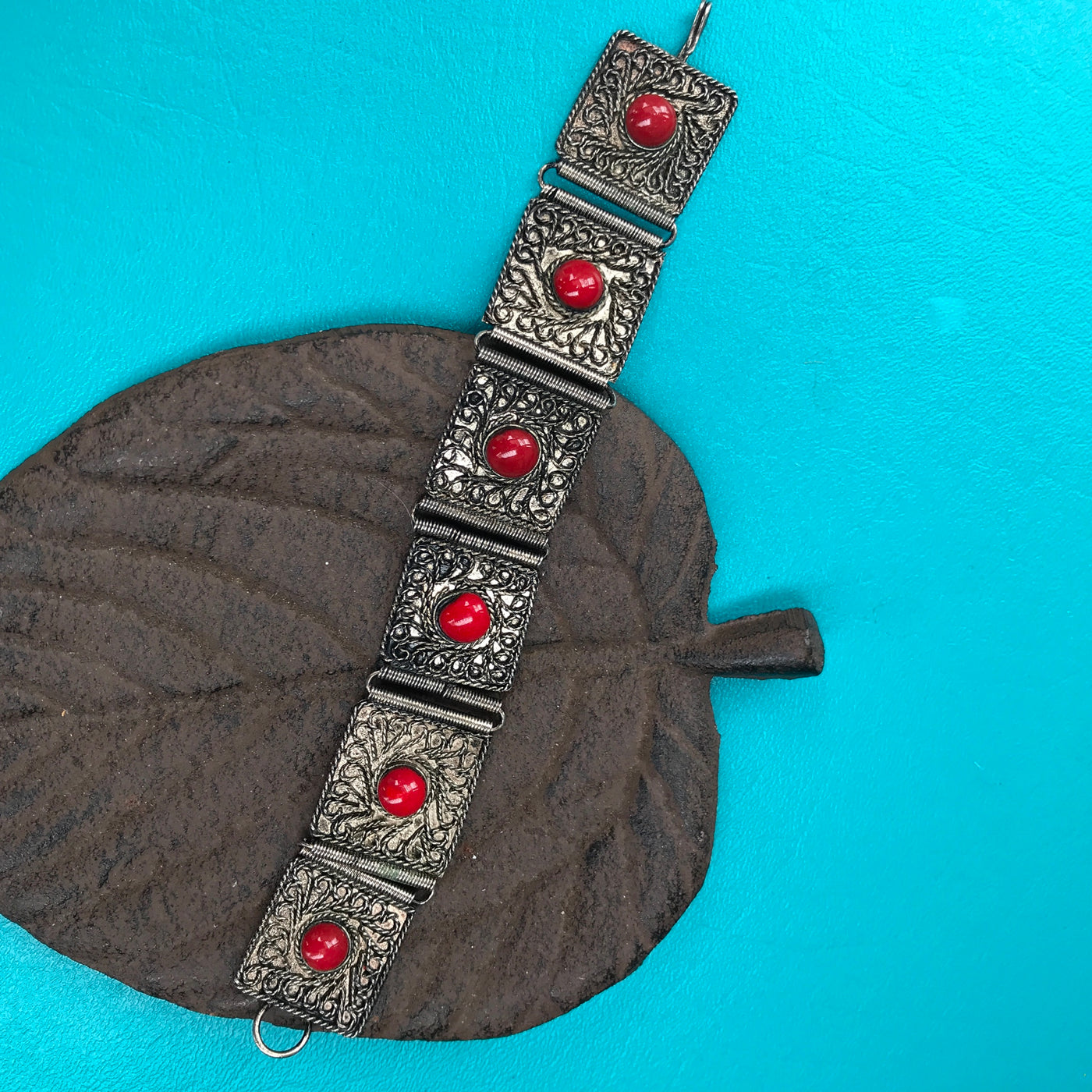 7"Vintage 6 piece Segmented Metal Bracelet w Dark Red Stones Hook Clasp Bracelet