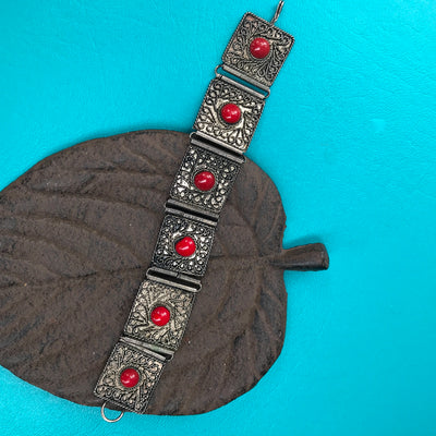 7"Vintage 6 piece Segmented Metal Bracelet w Dark Red Stones Hook Clasp Bracelet