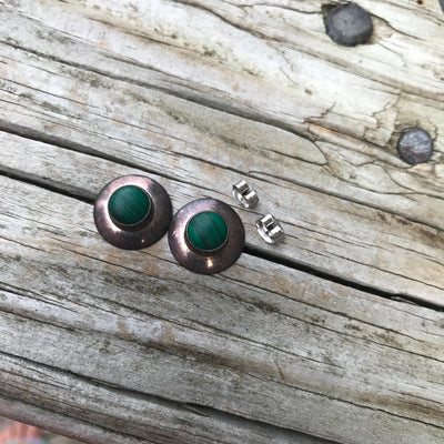 3/4" Vintage Round Silver Green Malachite Stone Stud Pieced Earrings
