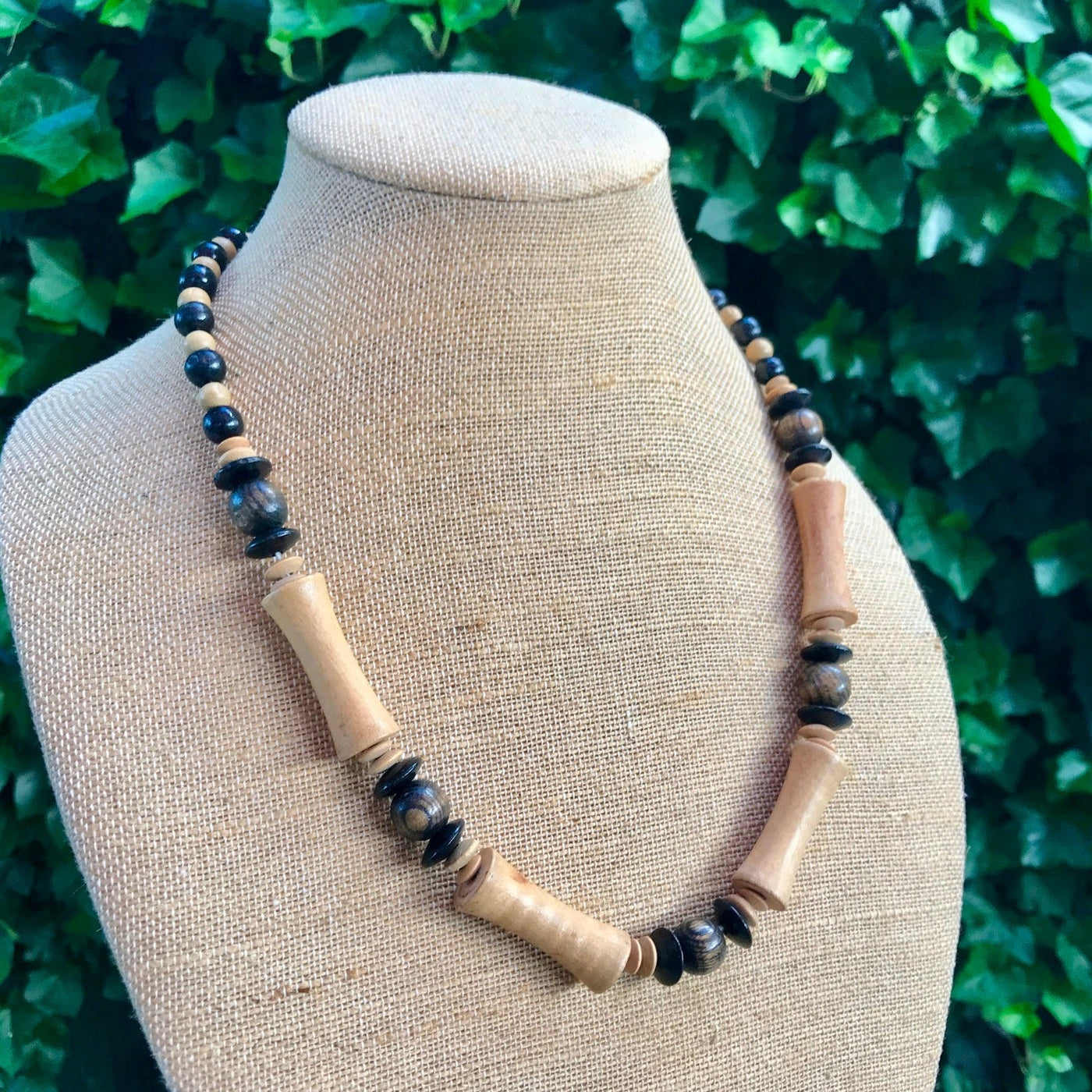24" Vintage Hand Crafted Wood Black & Natural Surface Bead Necklace