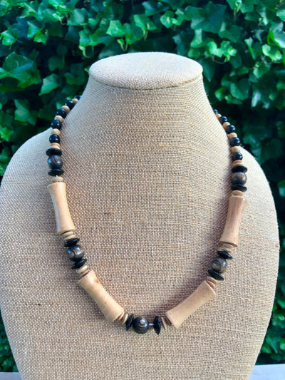 24" Vintage Hand Crafted Wood Black & Natural Surface Bead Necklace