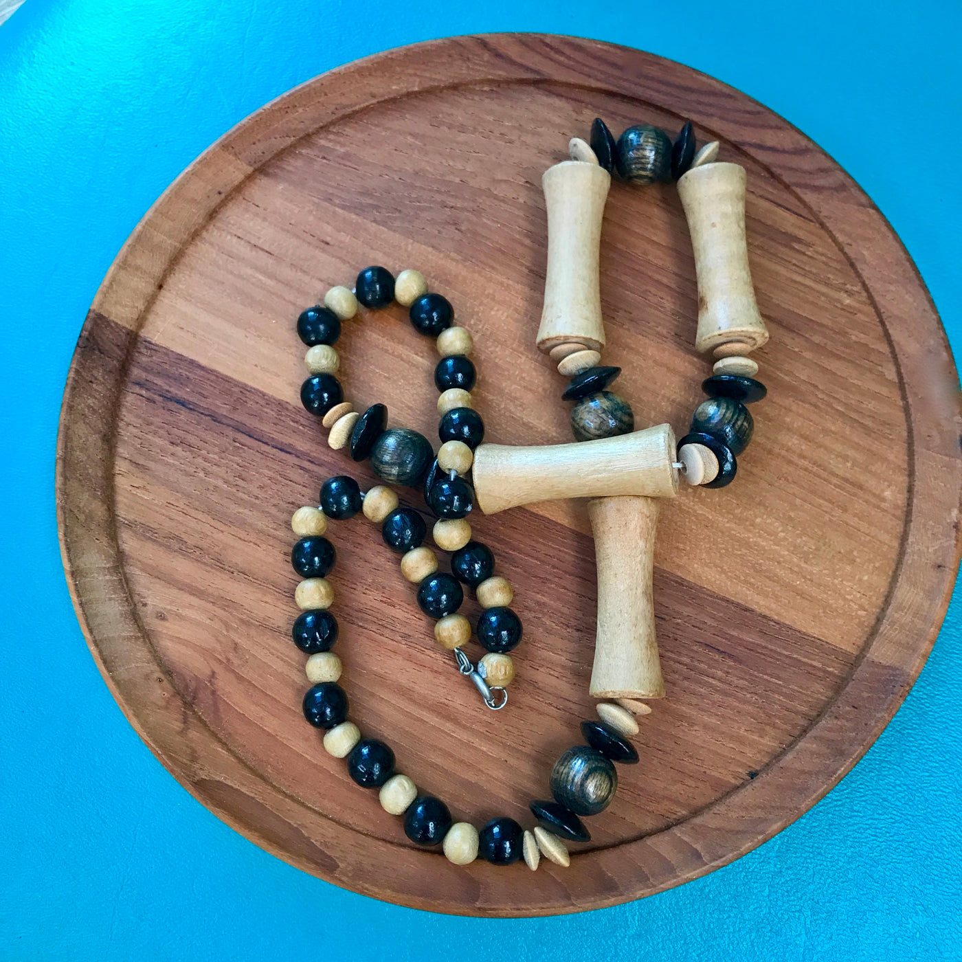 24" Vintage Hand Crafted Wood Black & Natural Surface Bead Necklace