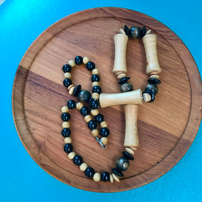 24" Vintage Hand Crafted Wood Black & Natural Surface Bead Necklace