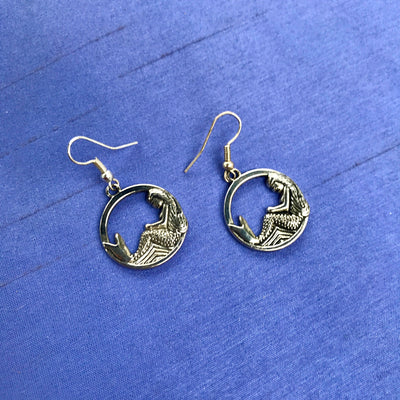 Vintage Modern Design Mermaid on Wave Round Dangle Pierced Hook Earrings