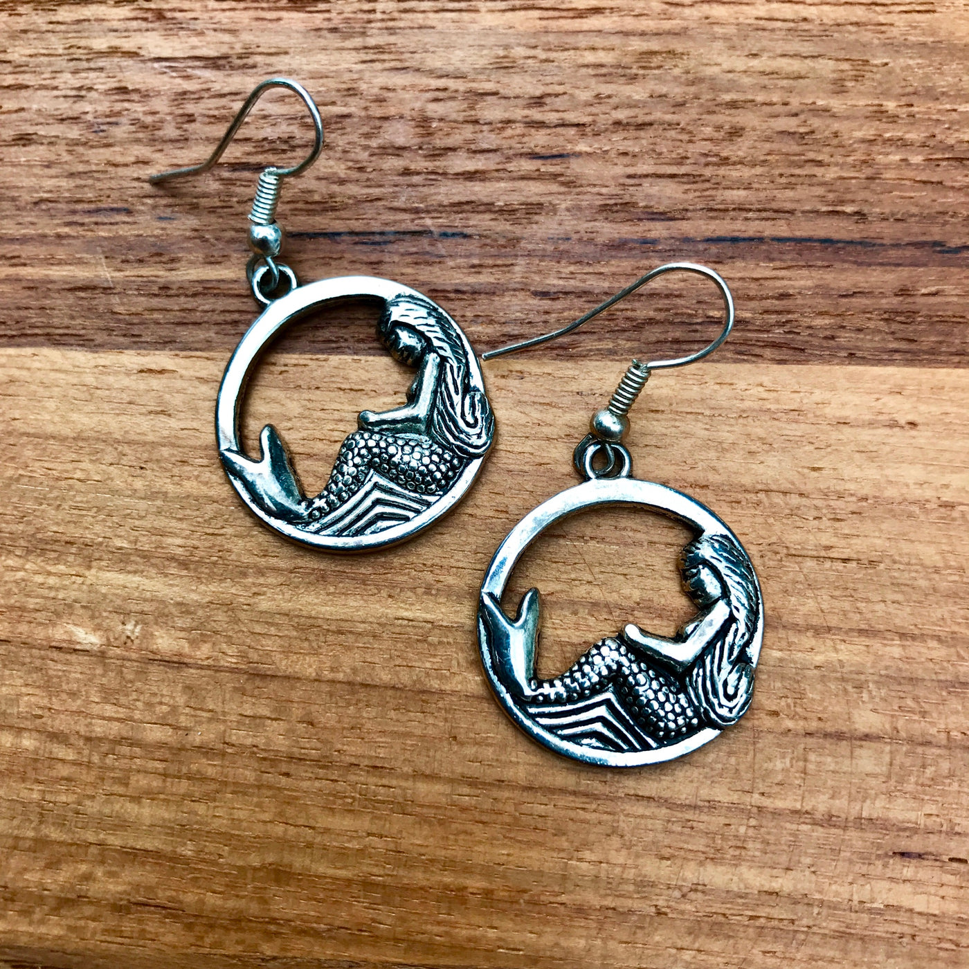 Vintage Modern Design Mermaid on Wave Round Dangle Pierced Hook Earrings