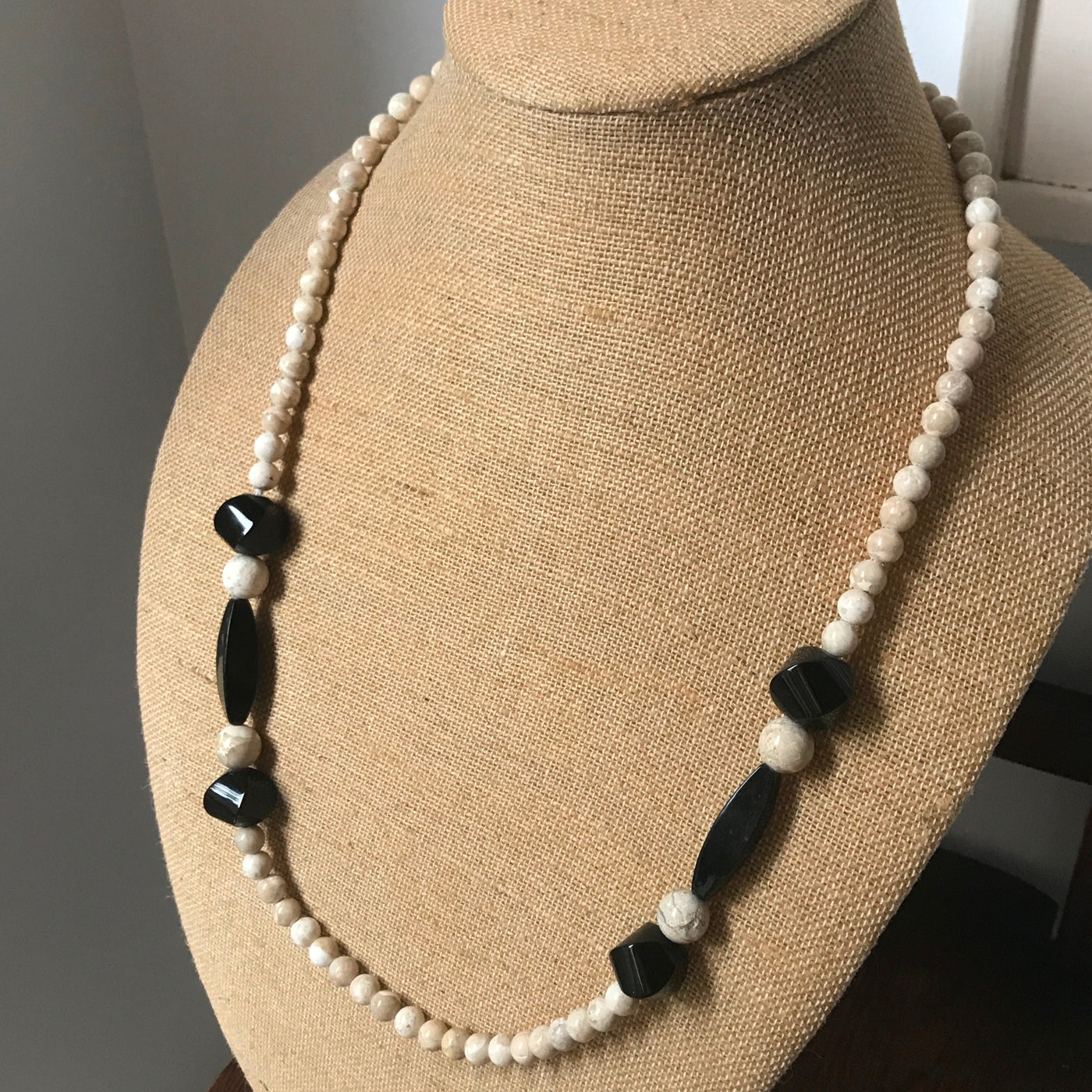 28" Artisan Made Mineral Bead Rock Cream White & Black Necklace