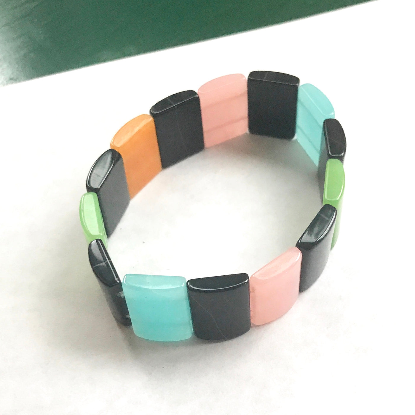 8" Vintage Stretch Black & Pastel Tile Agate Large Bracelet