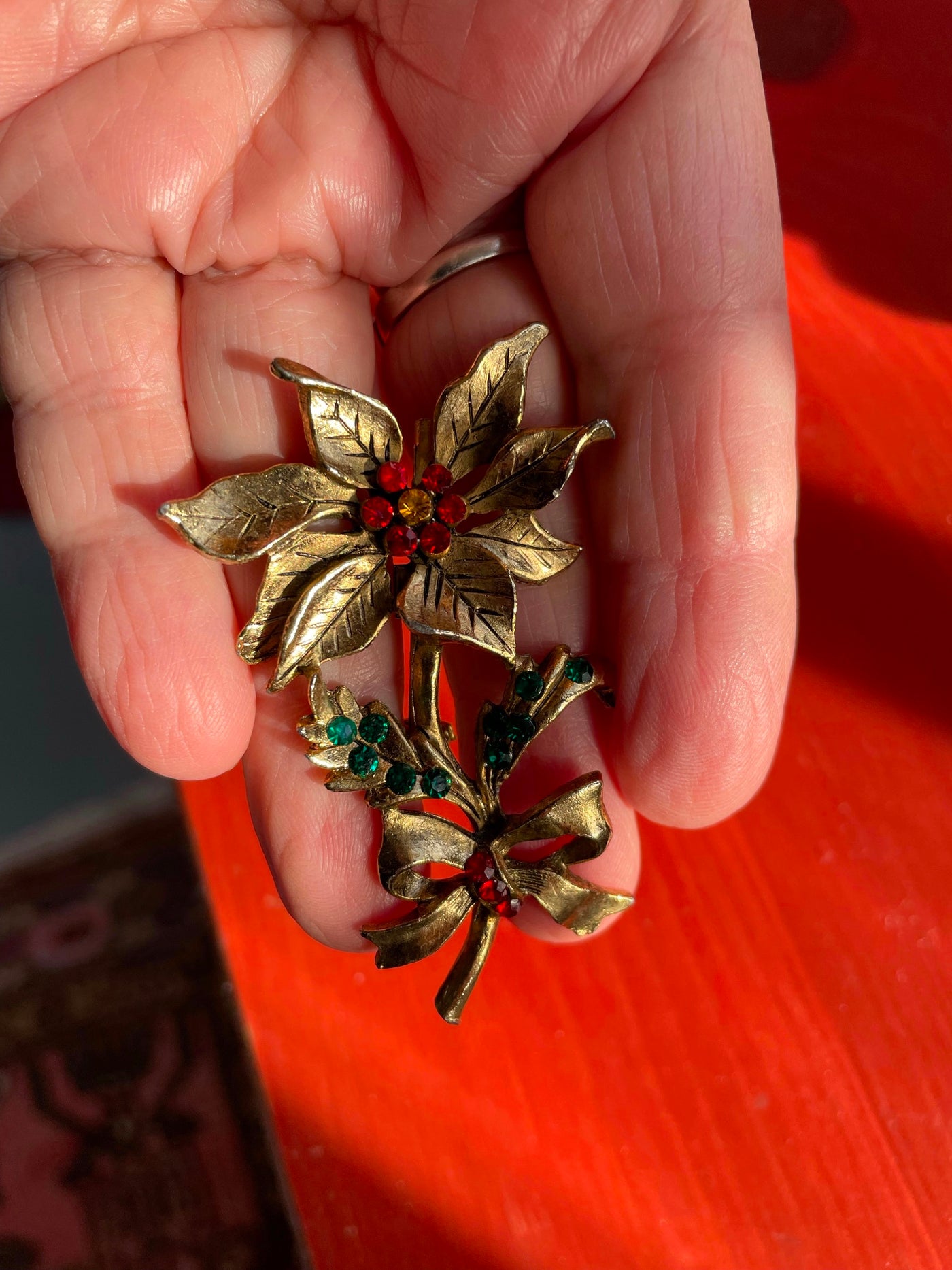 2.75" Beatrix Retro Gold Red green Jewels Poinsettia Christmas Pin Vintage