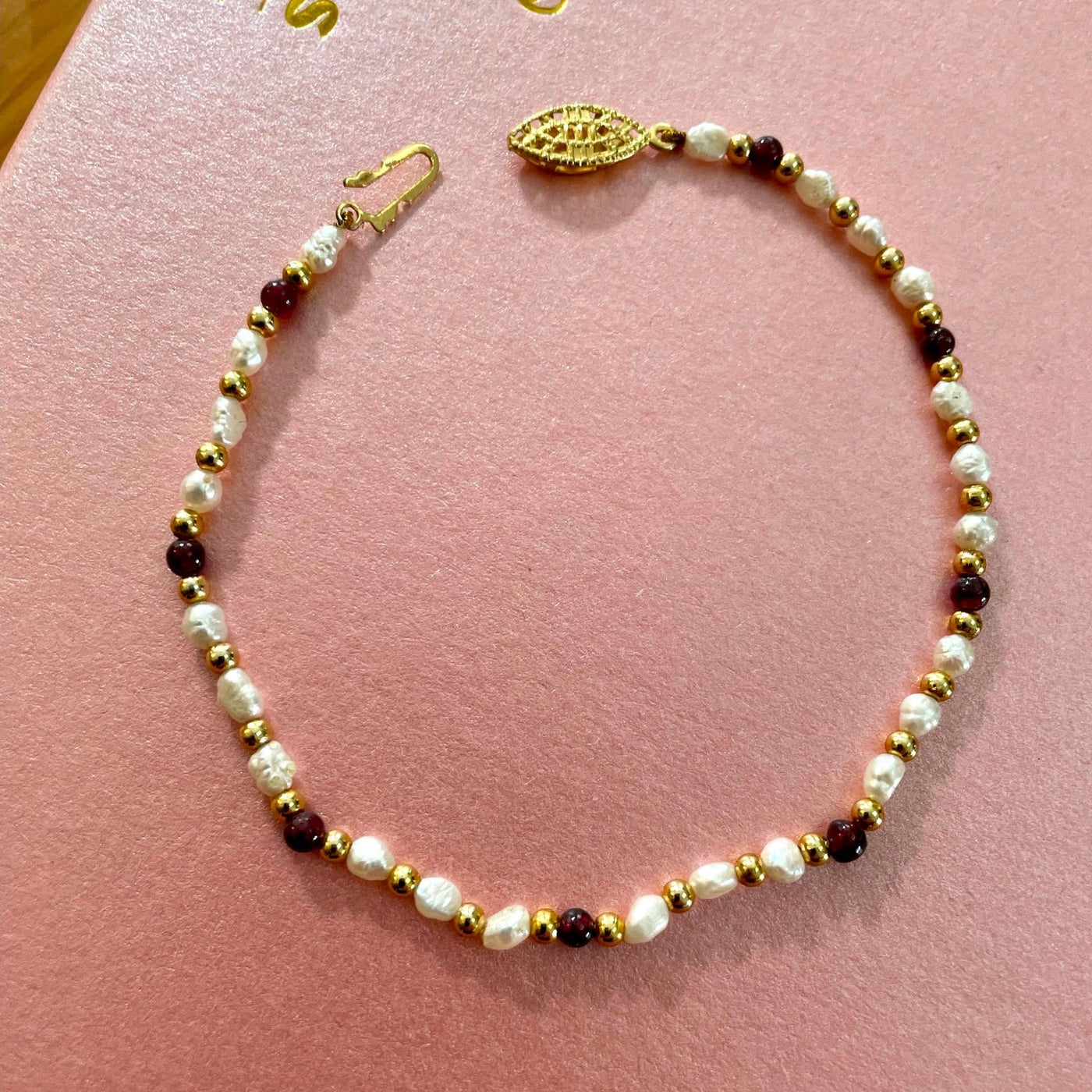 8" Artist Made Freshwater Pearls & Red & Gold Thin Bracelet w Old Fashion Clasp