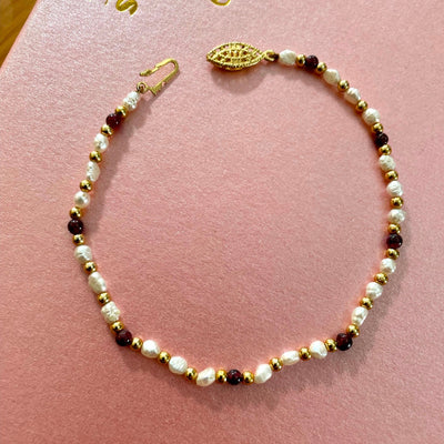 8" Artist Made Freshwater Pearls & Red & Gold Thin Bracelet w Old Fashion Clasp