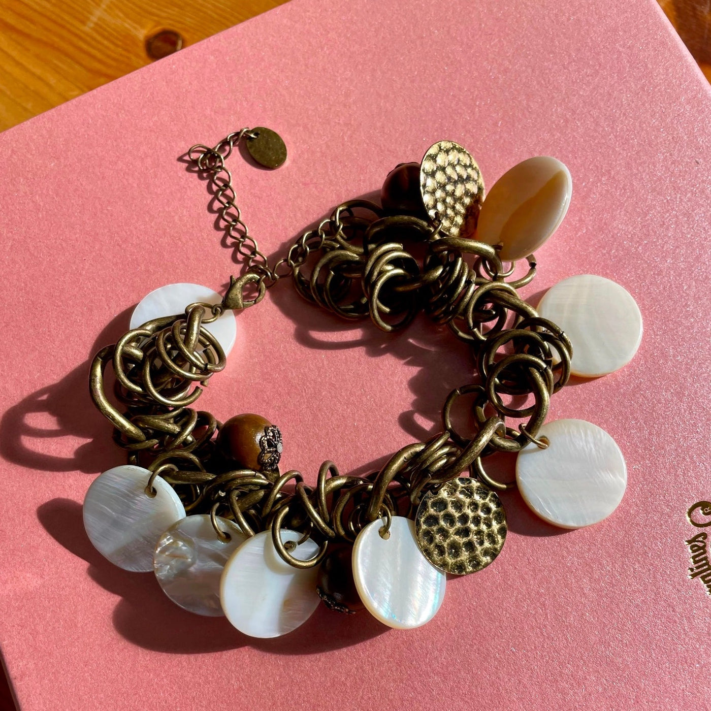 7.5" Vintage Claire's Jingle Brass White Shell Wood Bracelet