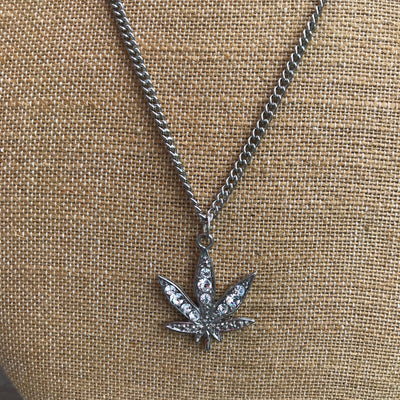 26" Costume Diamond Cannabis Pendant w Silver Chain