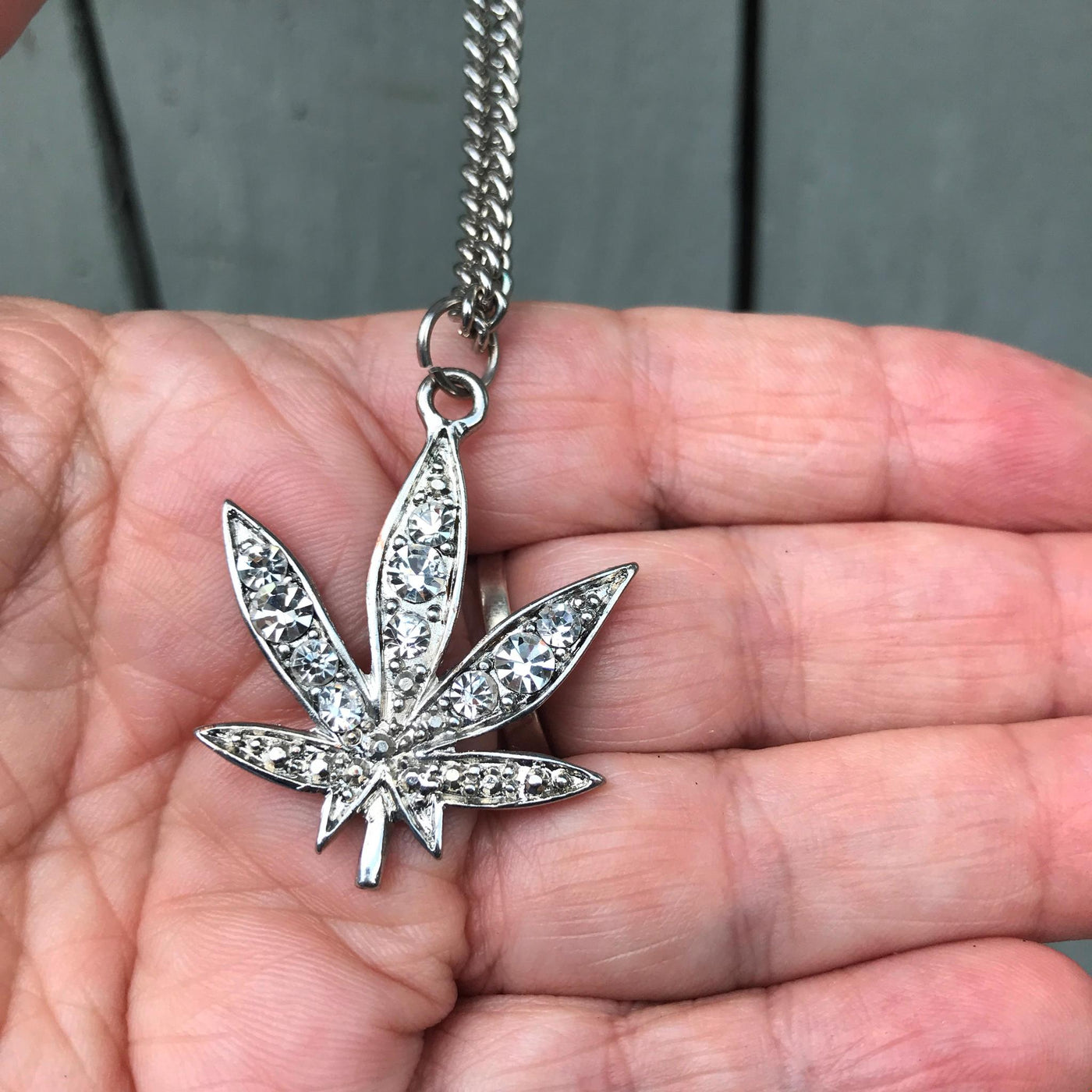 26" Costume Diamond Cannabis Pendant w Silver Chain