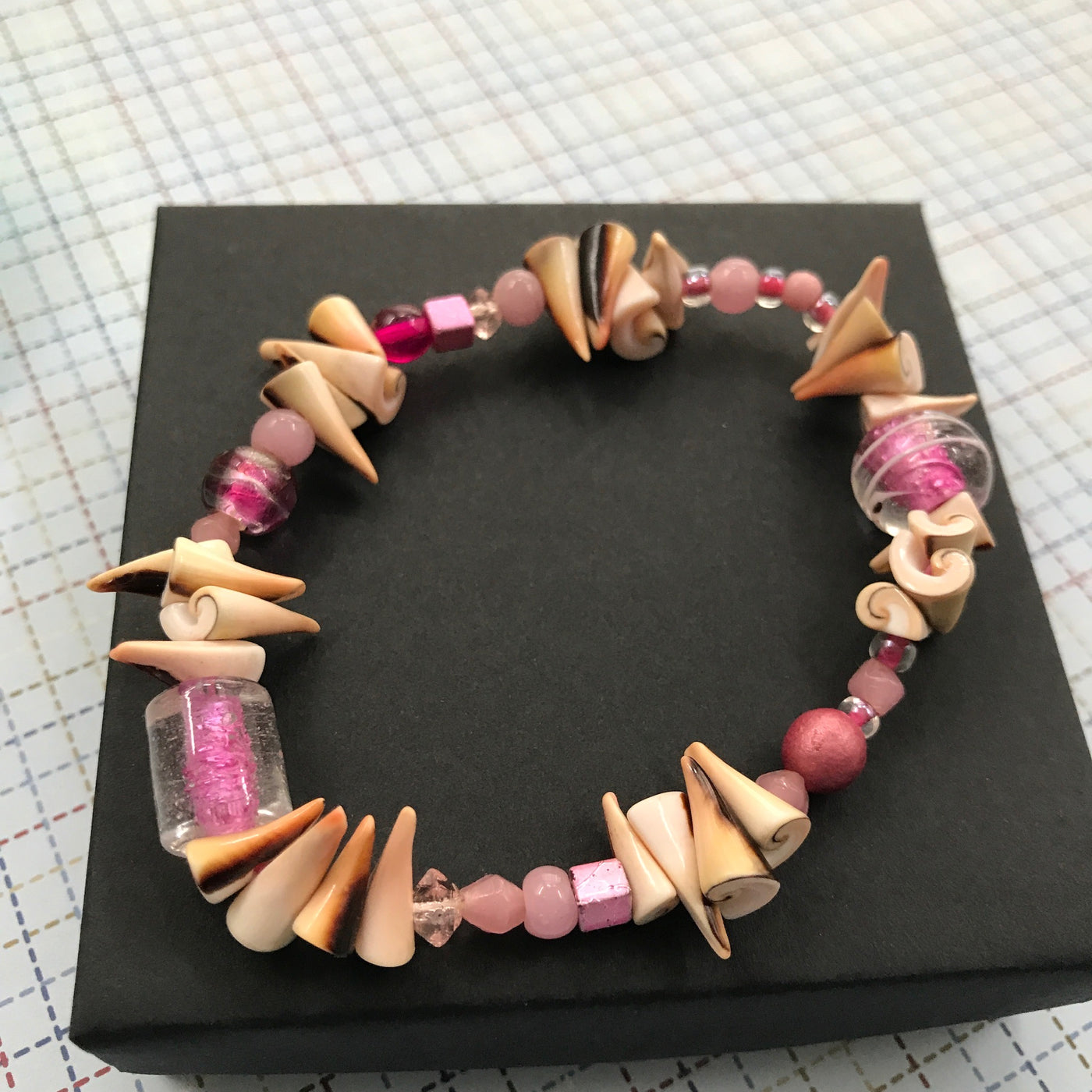 8" Vintage Beach Shell Rosettes and Pink Glass Stretch Bracelet