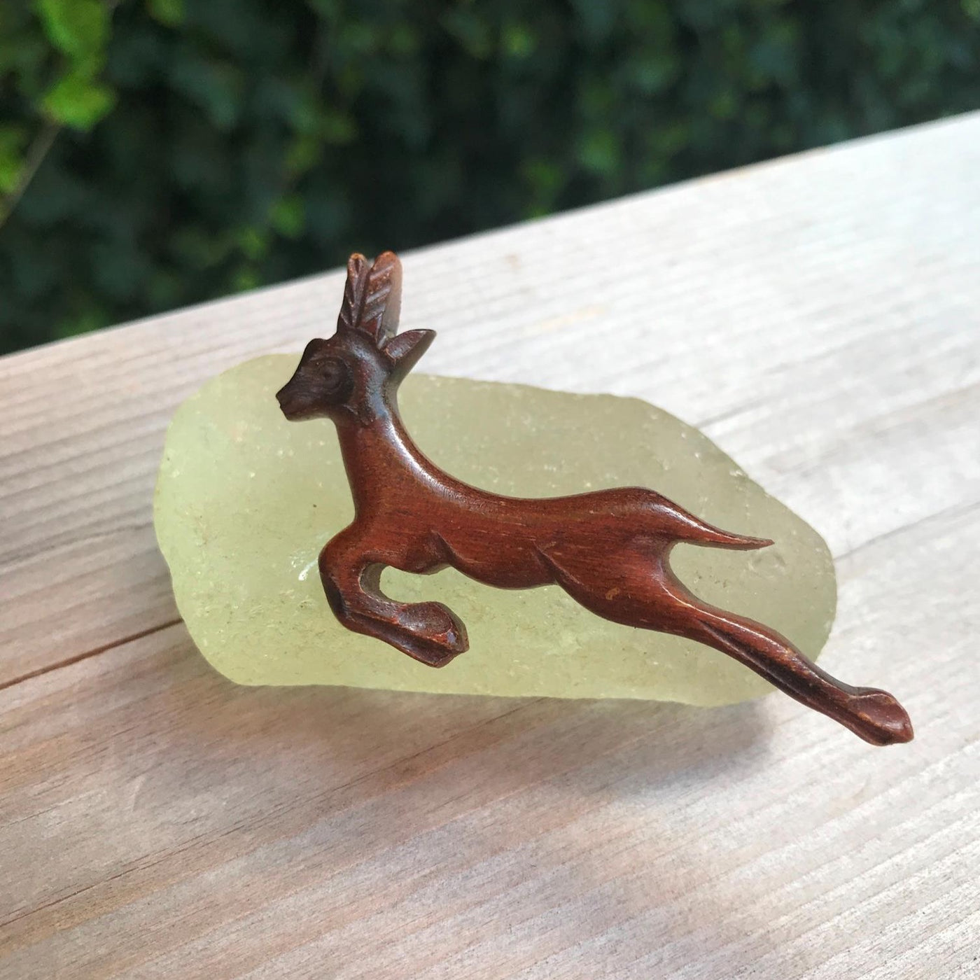 2.75" Leaping Deer Impala Wood & Brass Pin Brooch Vintage