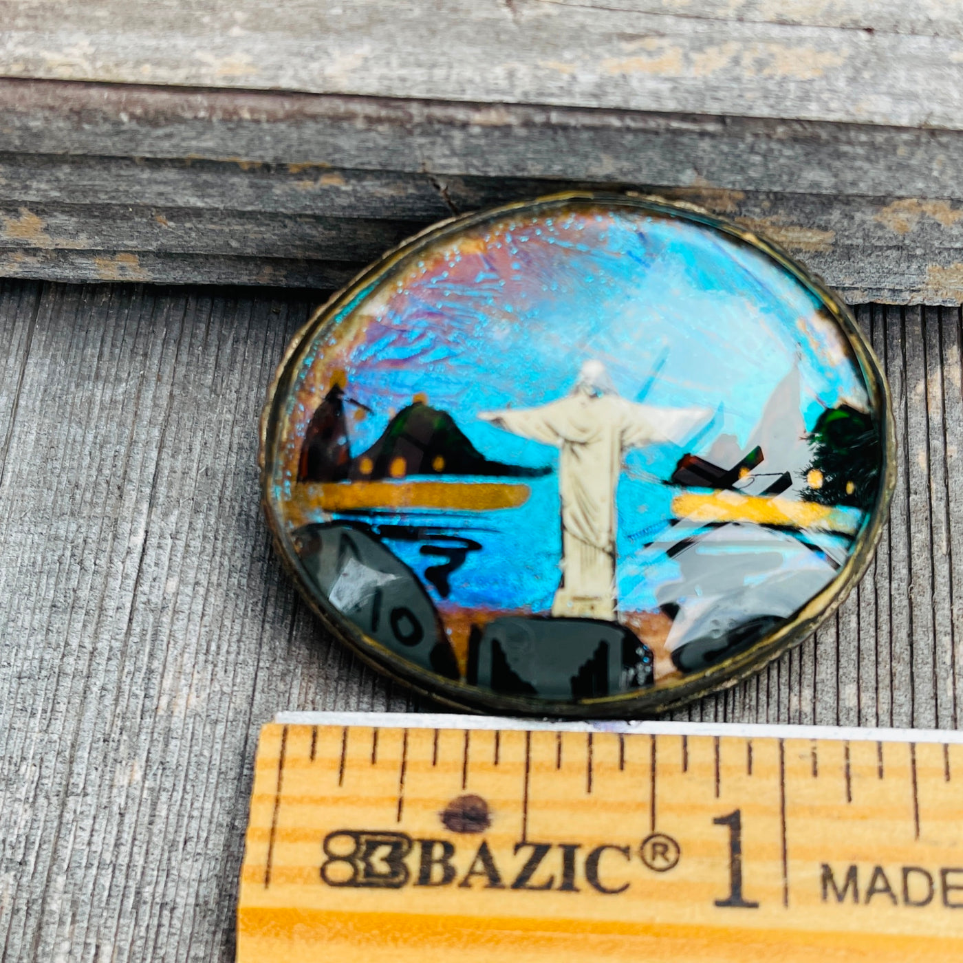 1.25" Antique Rio Jesus Brazil Butterfly Wing Convex Glass 900 Silver Pin