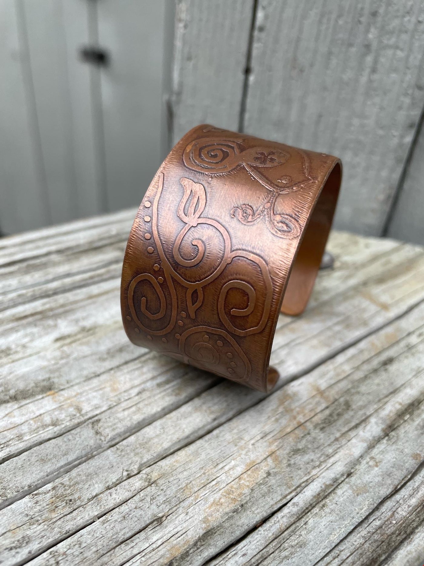 Vintage Copper Etched Surface Nature Spiral Designs Primal Cuff Bracelet