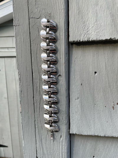 7" Vintage Silver Metal Trifari Heavy Diagonal S Link 1" Wide Bracelet