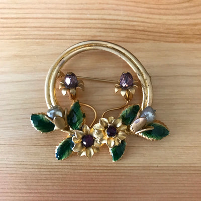 2" Large Garden Pin Flowers in a Matt Gold Circle Lilies Gemstones Brooch