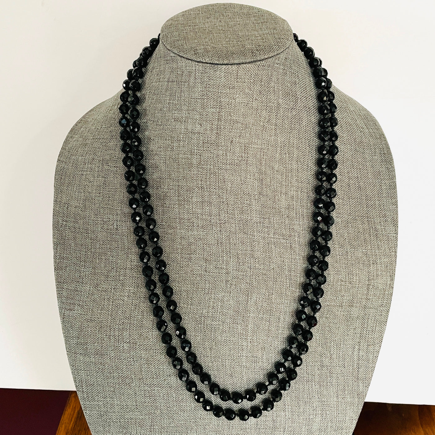 26" Vintage Antique Black Facet Glass Deco Era Beads Necklace