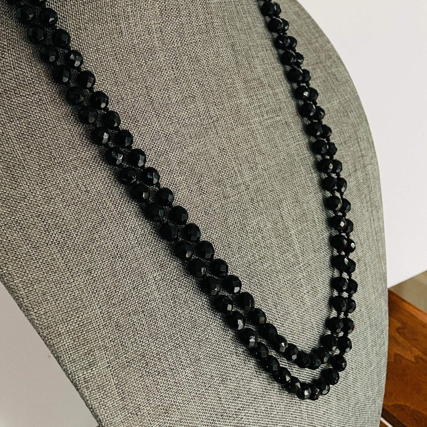 26" Vintage Antique Black Facet Glass Deco Era Beads Necklace