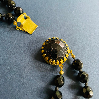 26" Vintage Antique Black Facet Glass Deco Era Beads Necklace