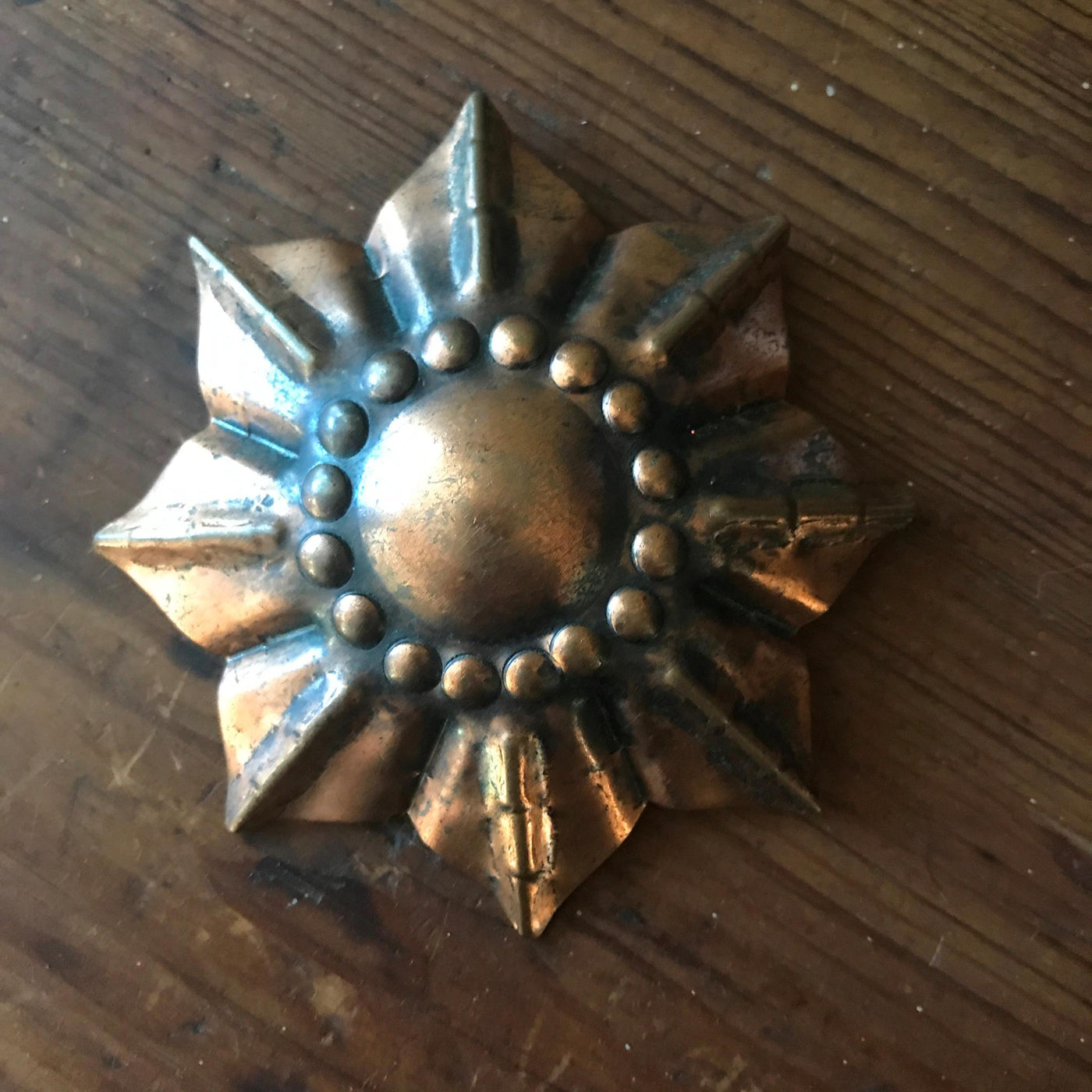 3" Vintage Large Repousse Copper 8 Point Medal Star Pin Brass Hardware